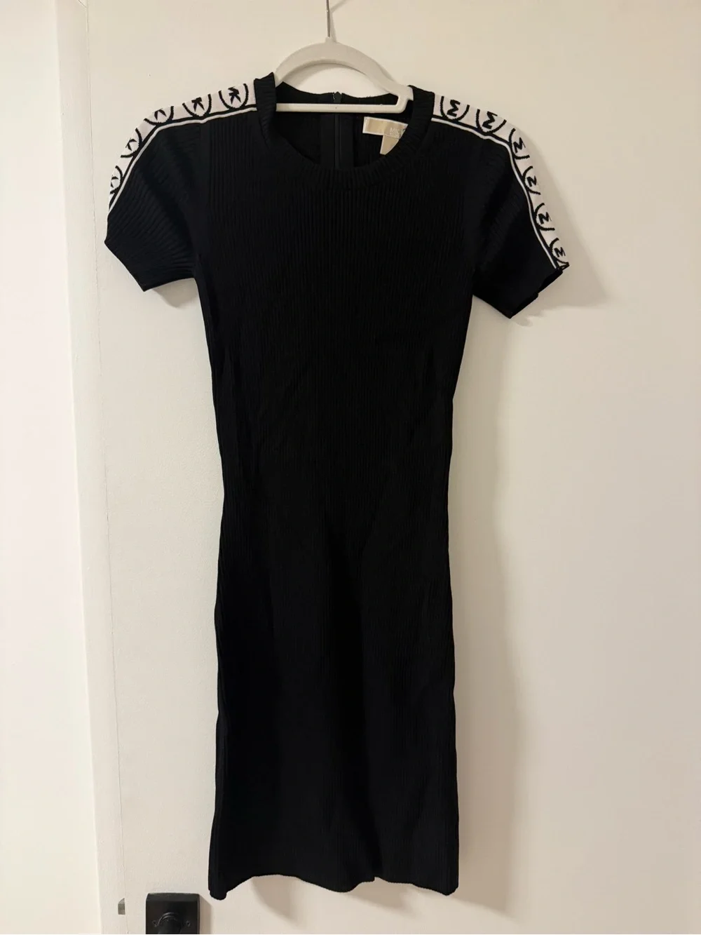 Michael Kors Black Ribbed Short-Sleeve Midi Dress with White Shoulder Trim